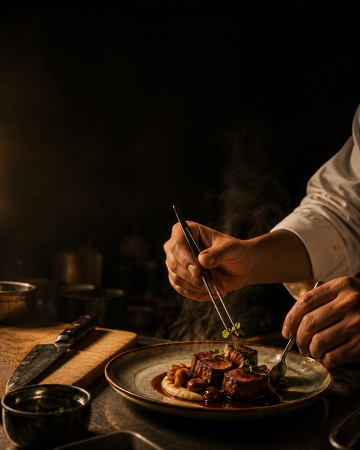 Aman plating a dish tableside