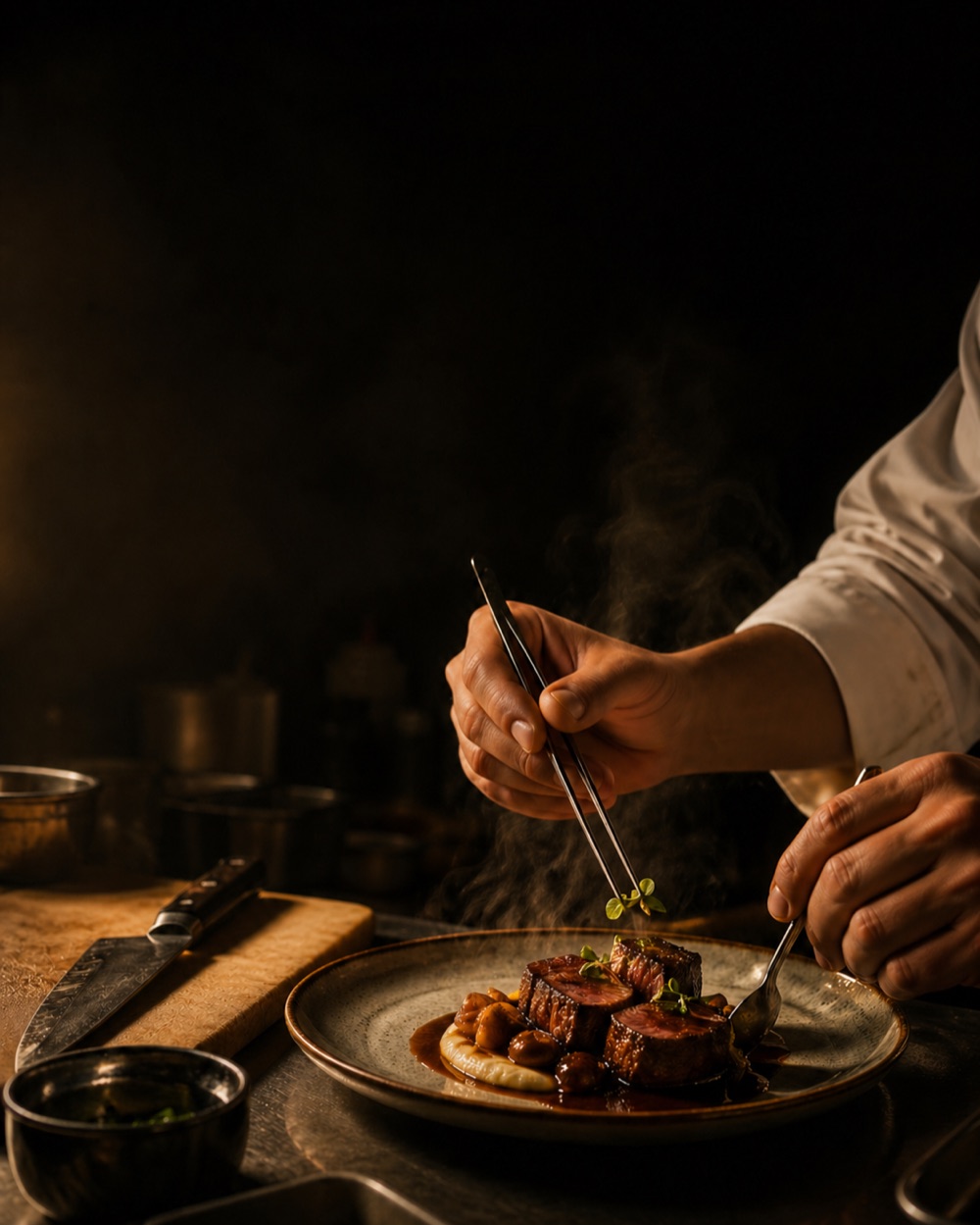 Chef plating a dish tableside, tweezers placing a final garnish